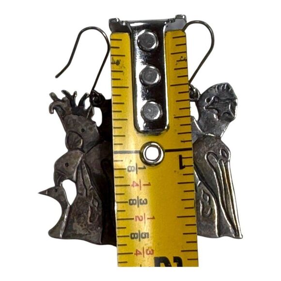 Vintage Signed Sterling Silver Bird & Woman Ambiguous Pelican Cockatoo Earrings - Picture 4 of 8